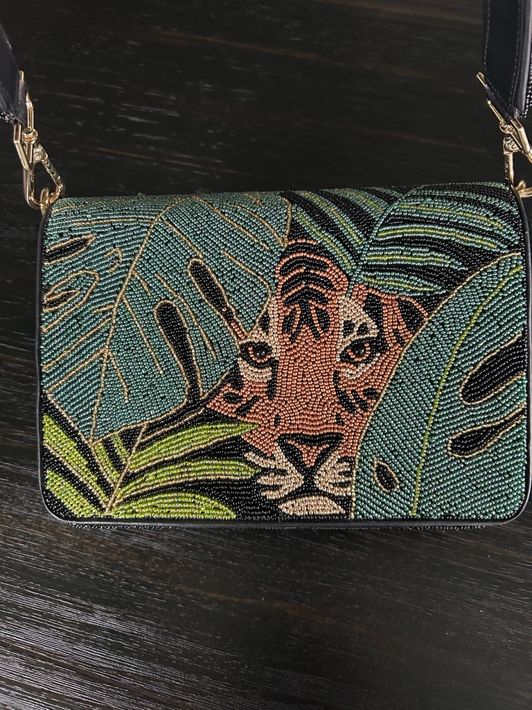 Hand Beaded Tiger Leaf-Print Shoulder Bag